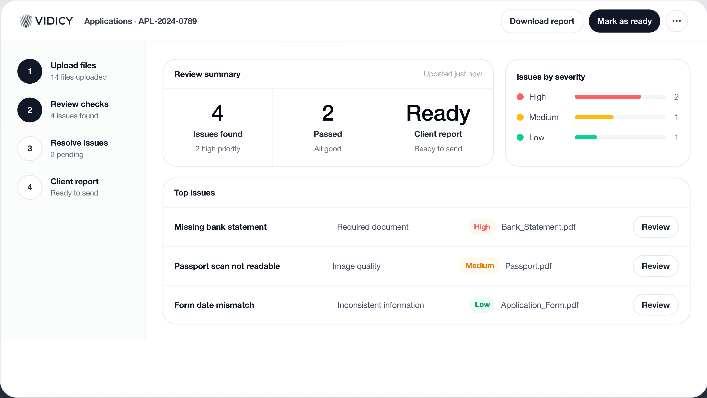 Vidicy agency dashboard showing application review results